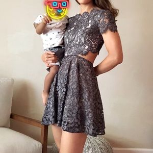 Bebe foil lace cutout dress gray cocktail wedding